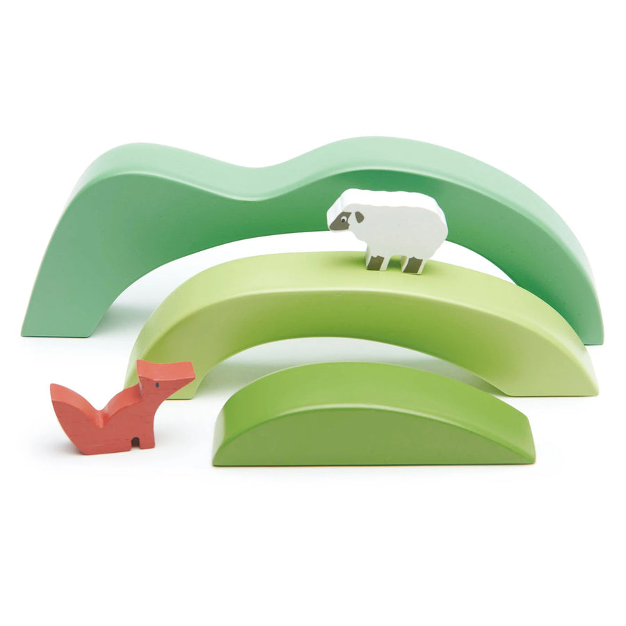 Tender Leaf - Green Hills with Sheep and Fox Wooden Toy